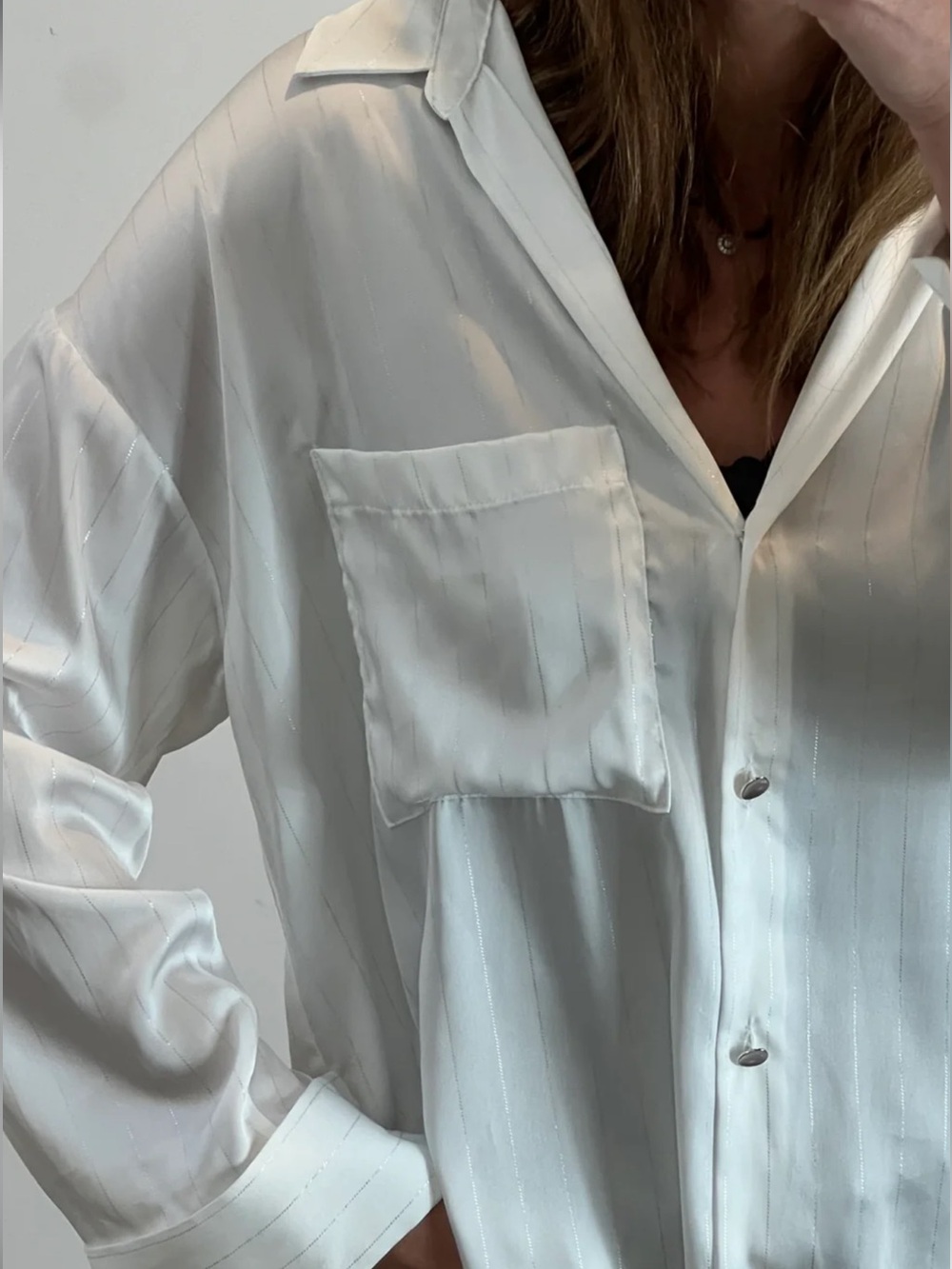 Zara White Satin-Striped Button-Up Blouse